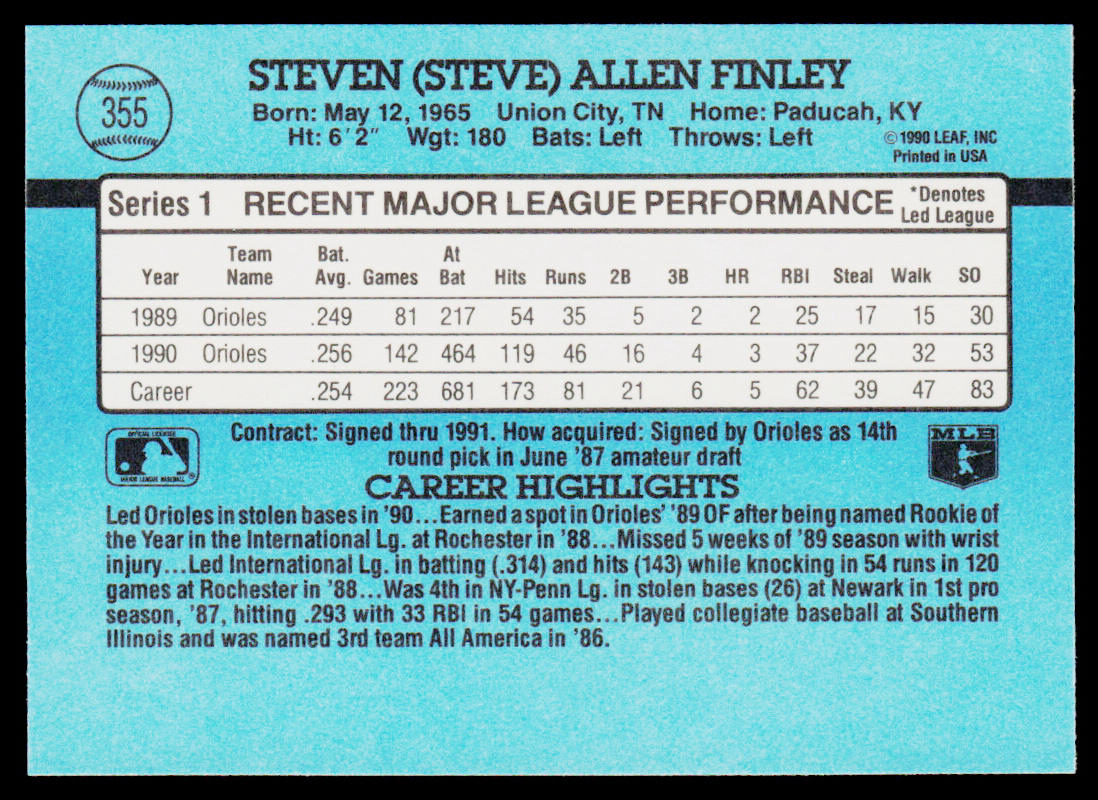 Steve Finley 1991 Donruss #355 Baltimore Orioles