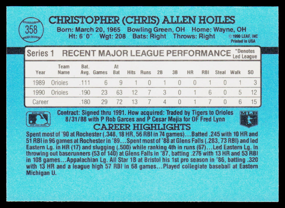 Chris Hoiles 1991 Donruss #358 Baltimore Orioles