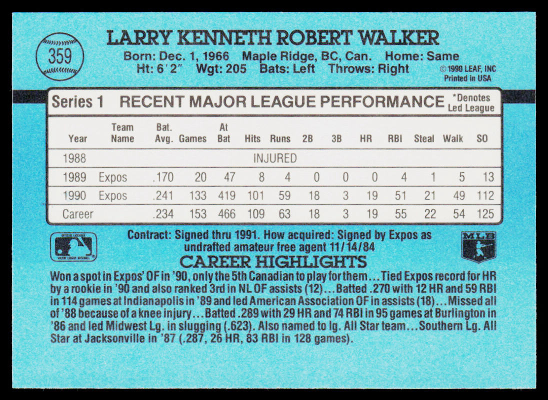 Larry Walker 1991 Donruss #359 Montreal Expos