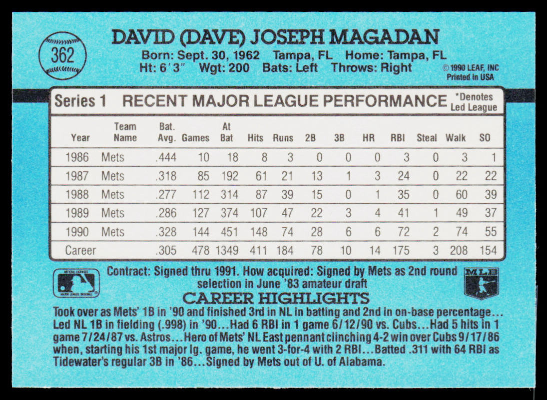 Dave Magadan 1991 Donruss #362b New York Mets