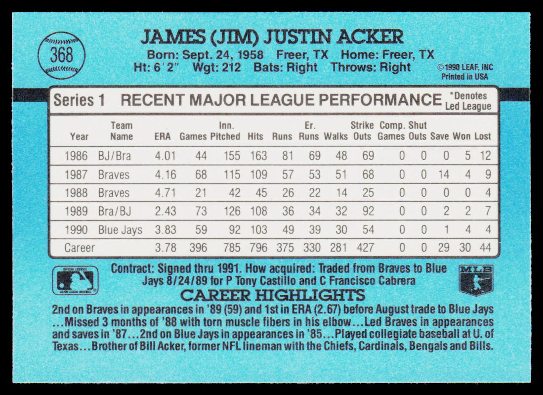 Jim Acker 1991 Donruss #368 Toronto Blue Jays