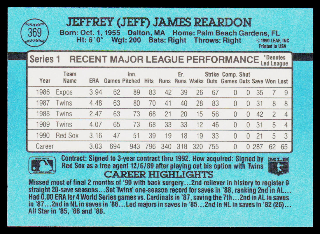Jeff Reardon 1991 Donruss #369b Boston Red Sox