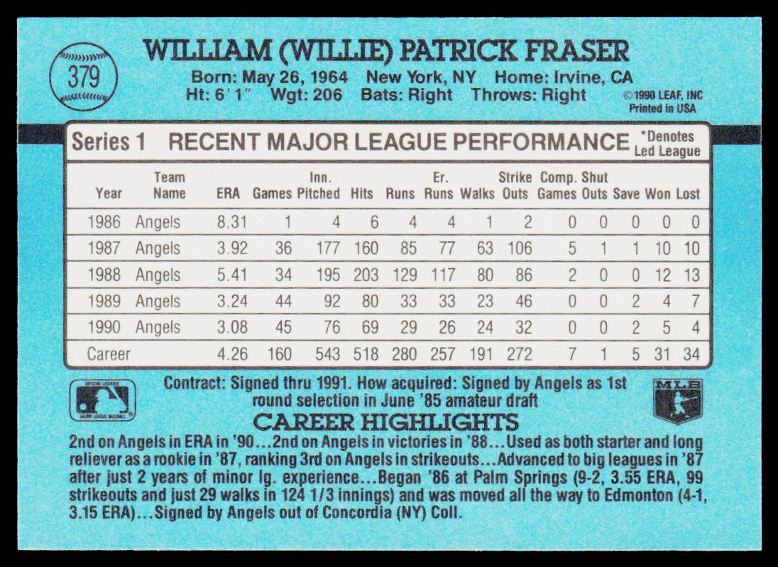 Willie Fraser 1991 Donruss #379 California Angels