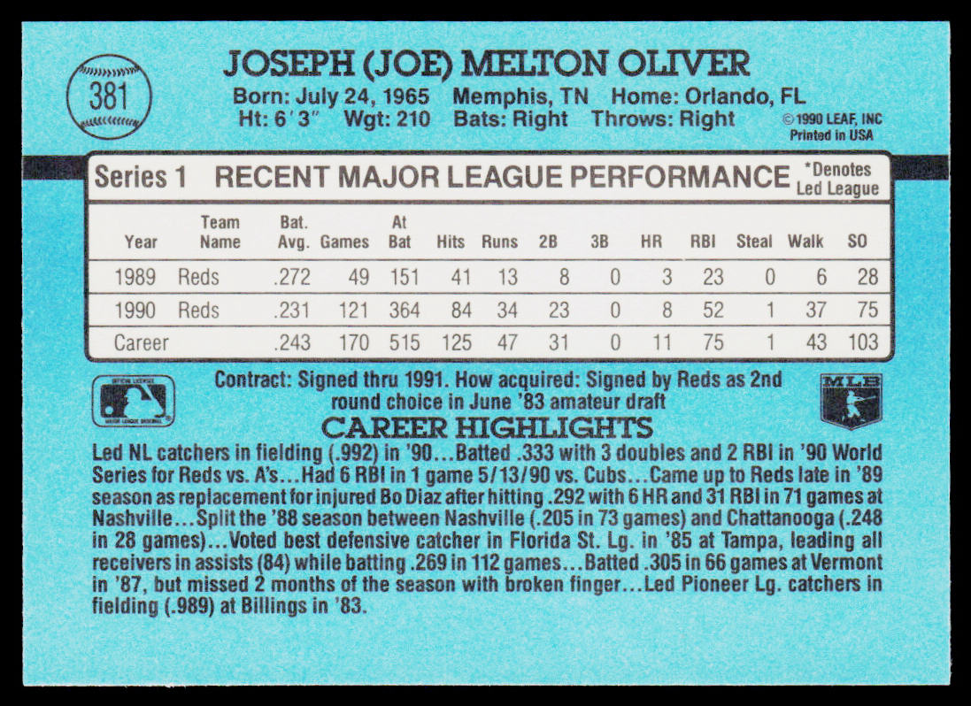 Joe Oliver 1991 Donruss #381b Cincinnati Reds