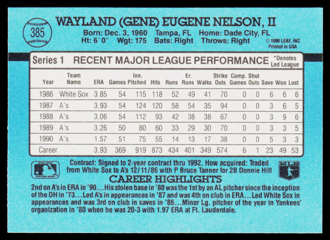 Gene Nelson 1991 Donruss #385b Oakland Athletics
