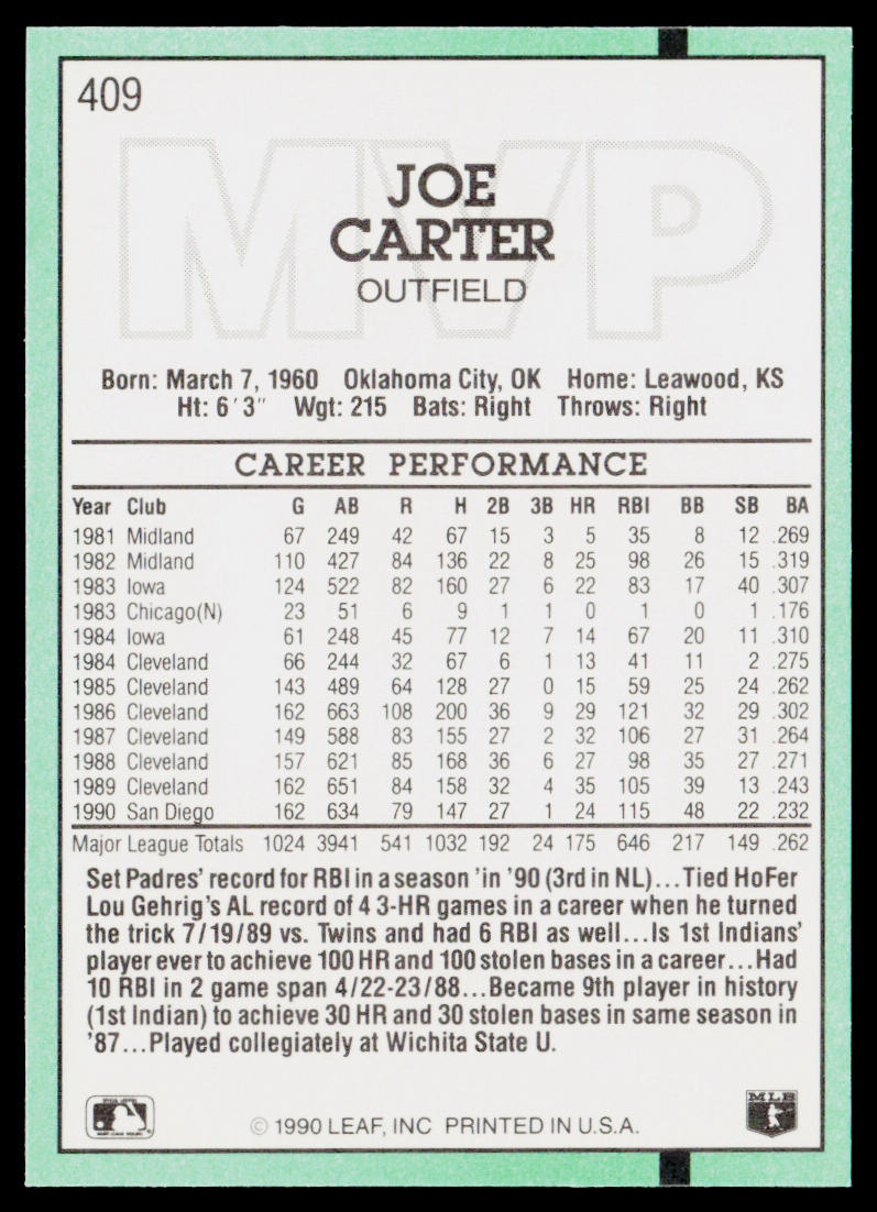 Joe Carter 1991 Donruss #409c San Diego Padres
