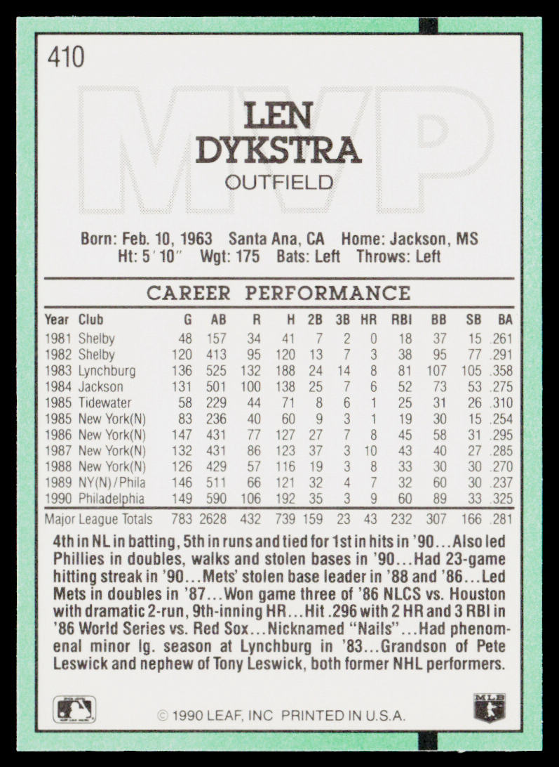 Len Dykstra 1991 Donruss #410b Philadelphia Phillies