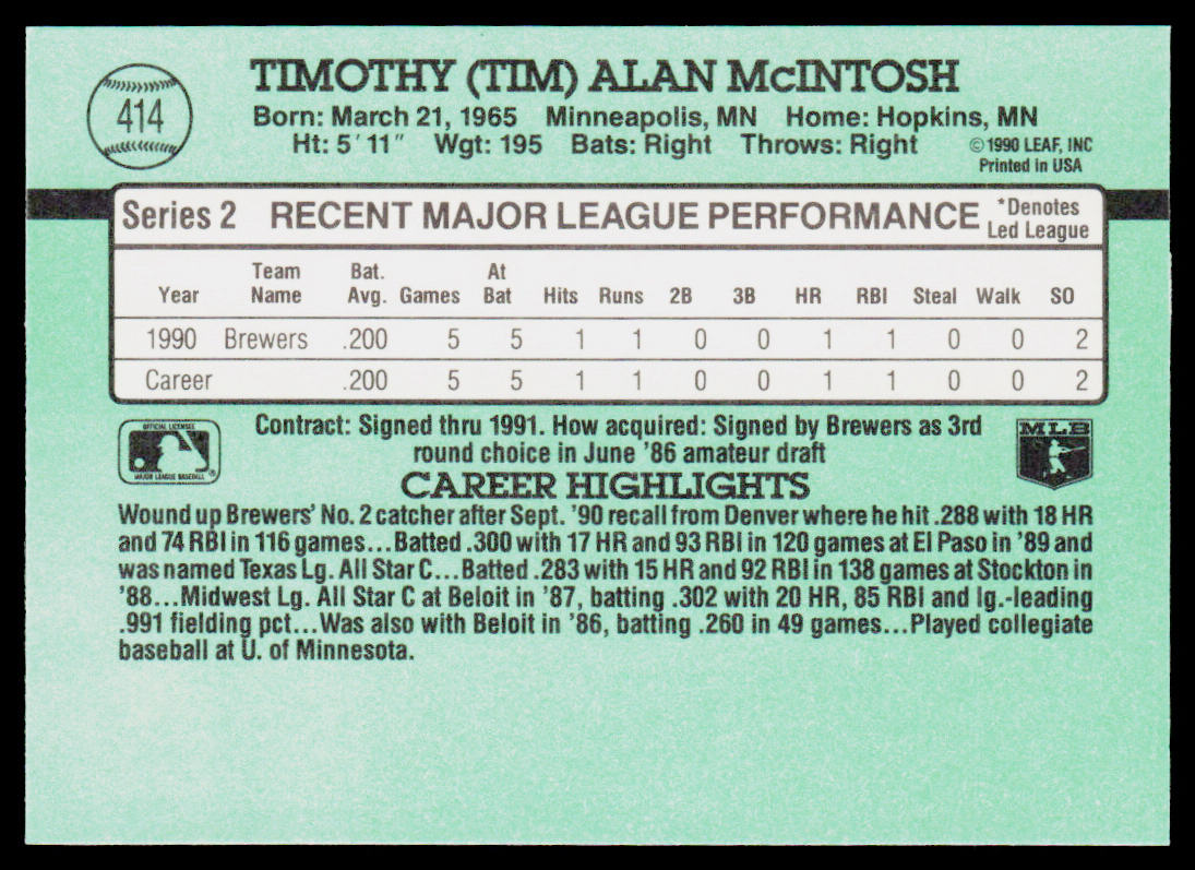 Tim McIntosh 1991 Donruss #414b Milwaukee Brewers