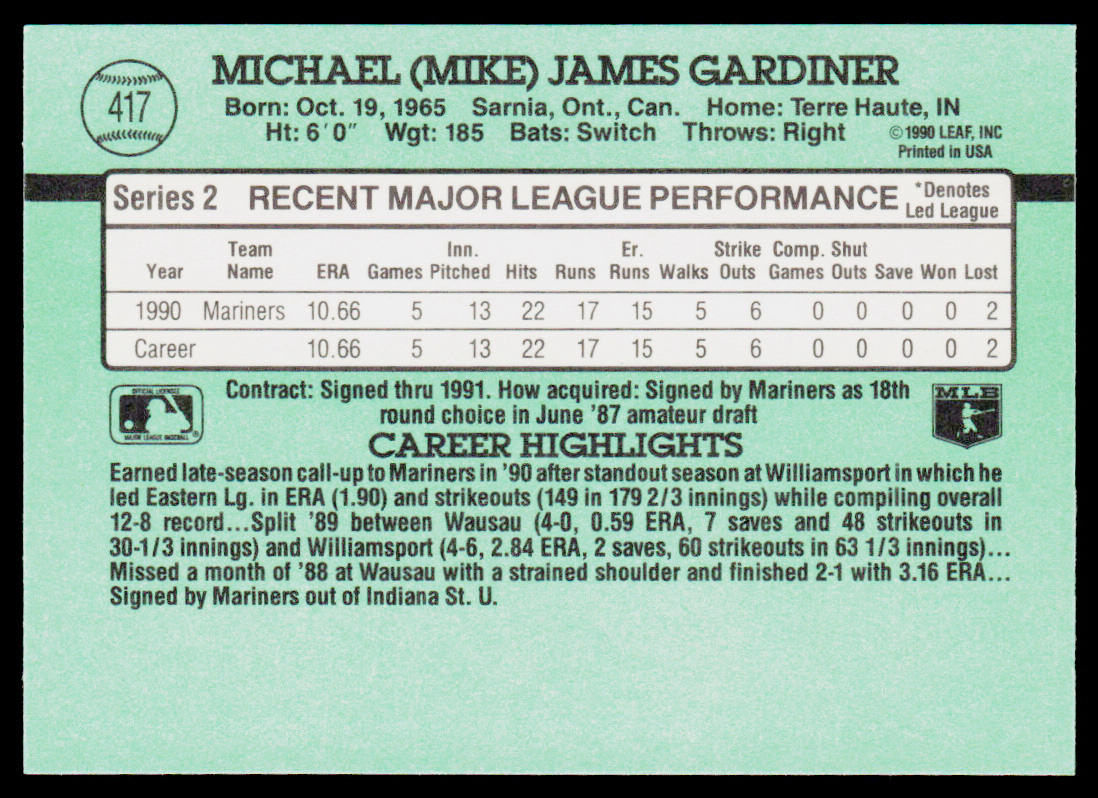 Mike Gardiner 1991 Donruss #417 RC Seattle Mariners