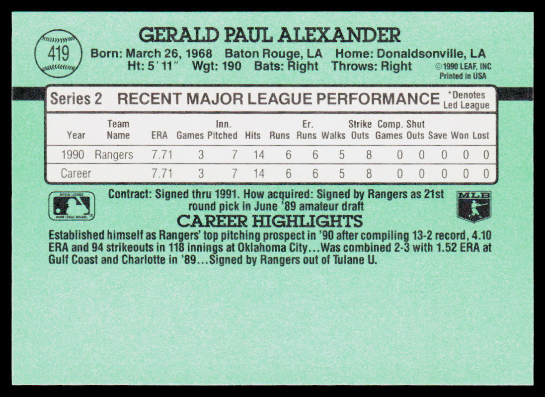 Gerald Alexander 1991 Donruss #419b RC Texas Rangers