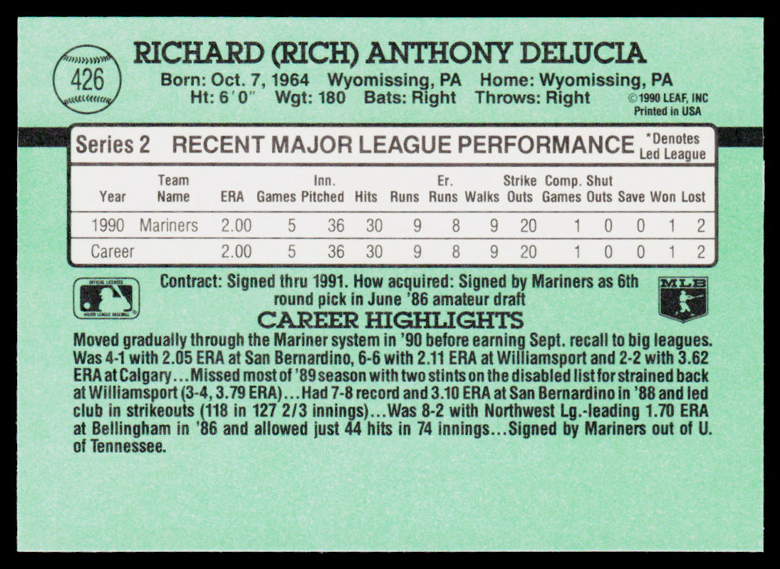 Rich DeLucia 1991 Donruss #426c RC Seattle Mariners