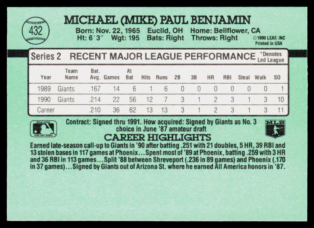 Mike Benjamin 1991 Donruss #432b San Francisco Giants