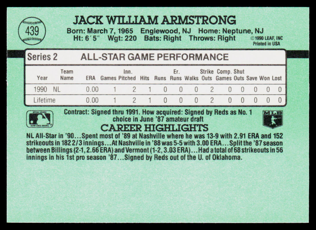 Jack Armstrong 1991 Donruss #439b Cincinnati Reds
