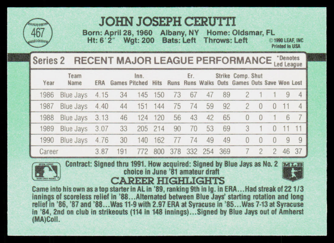 John Cerutti 1991 Donruss #467 Toronto Blue Jays