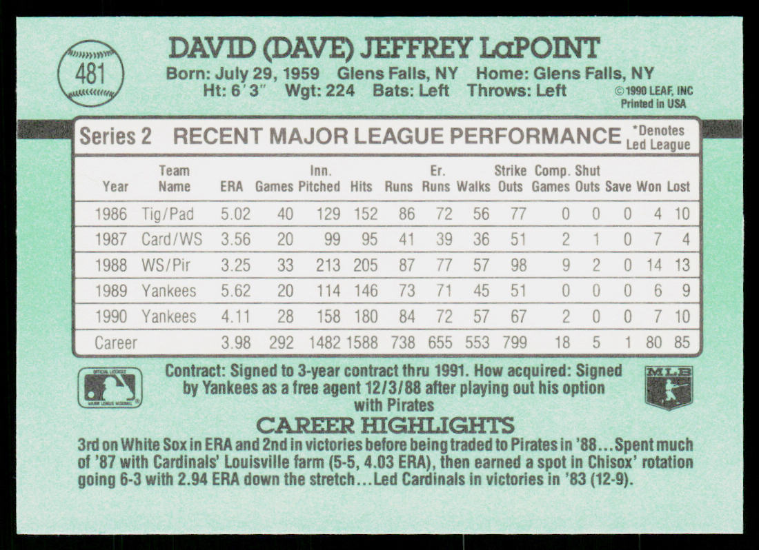 Dave LaPoint 1991 Donruss #481c New York Yankees