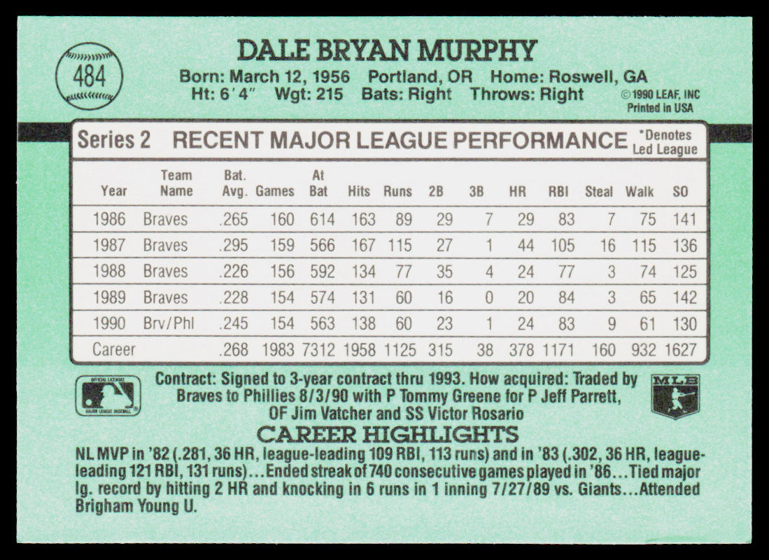 Dale Murphy 1991 Donruss #484b Philadelphia Phillies