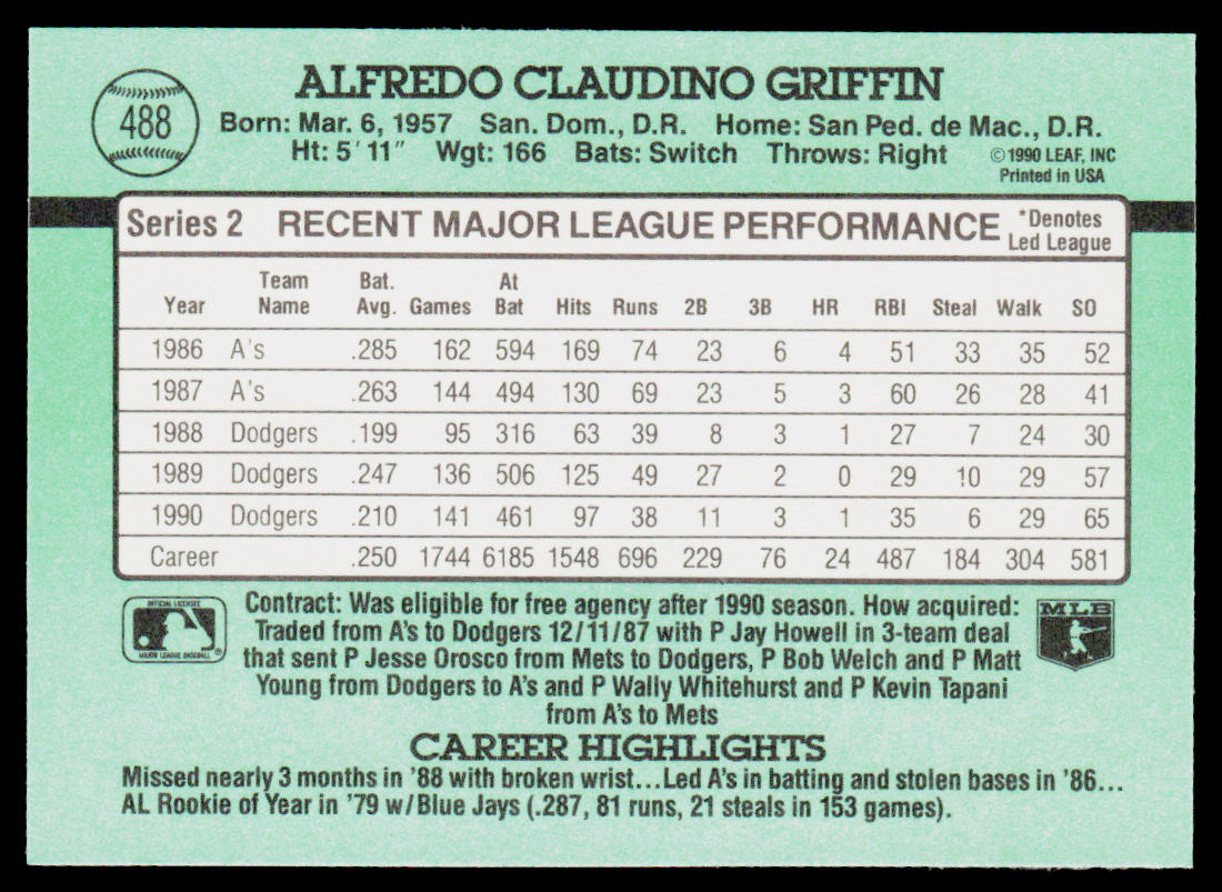 Alfredo Griffin 1991 Donruss #488 Los Angeles Dodgers