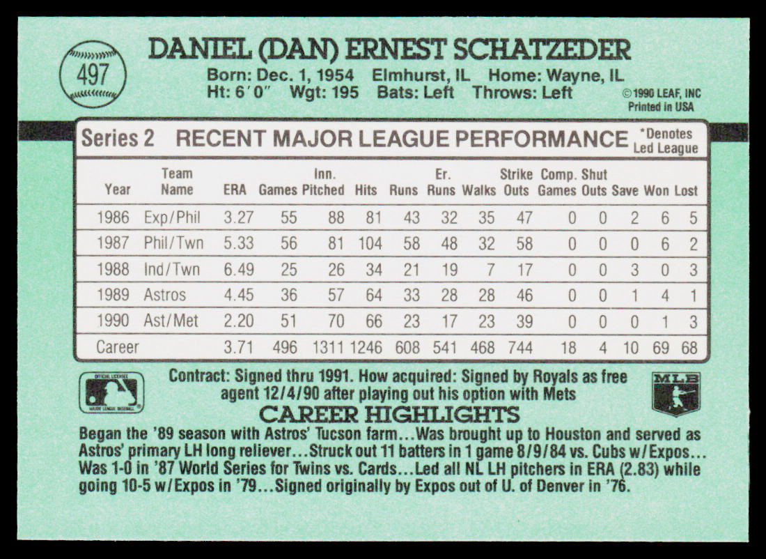 Dan Schatzeder 1991 Donruss #497b New York Mets