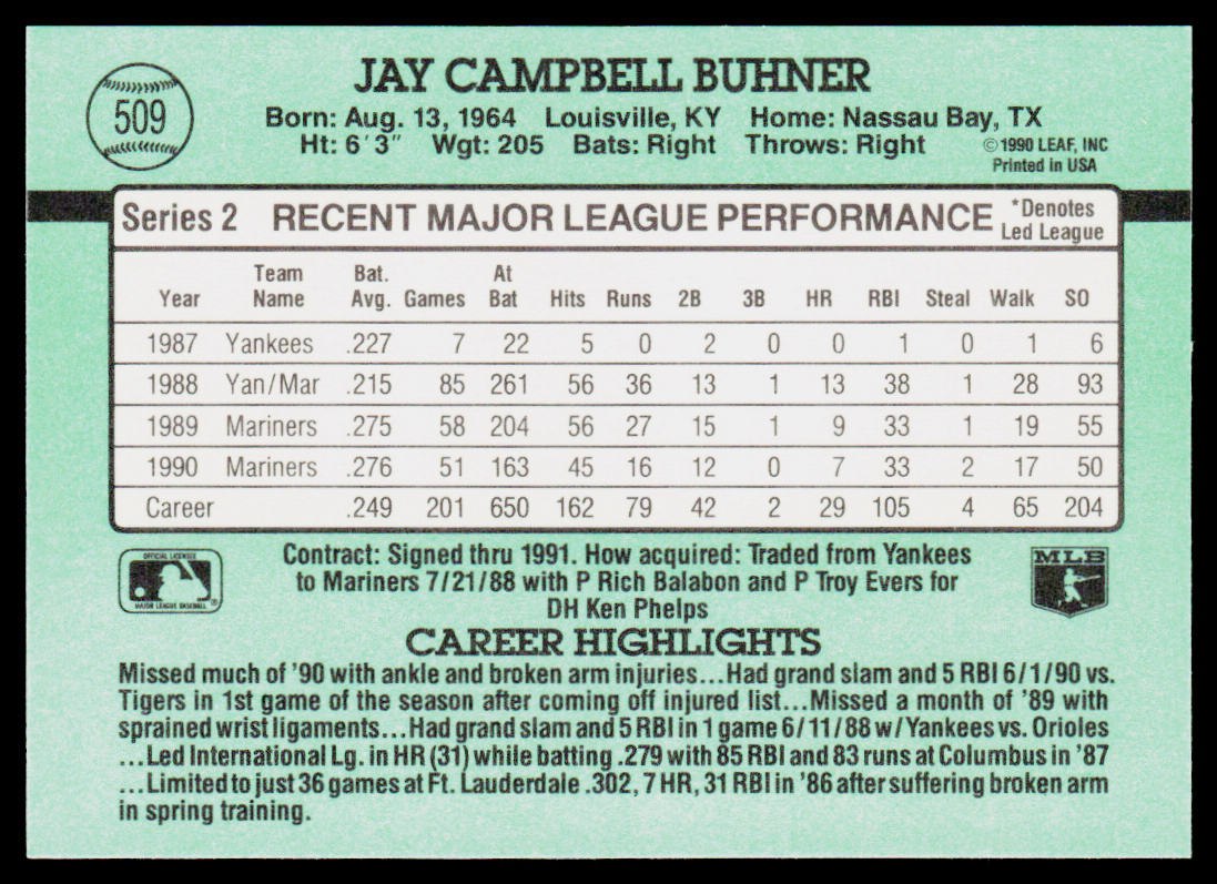 Jay Buhner 1991 Donruss #509b Seattle Mariners