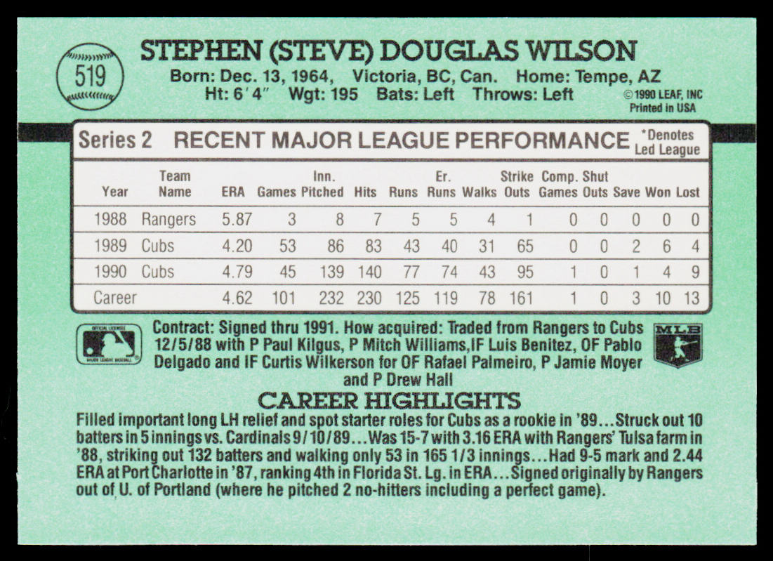 Steve Wilson 1991 Donruss #519 Chicago Cubs