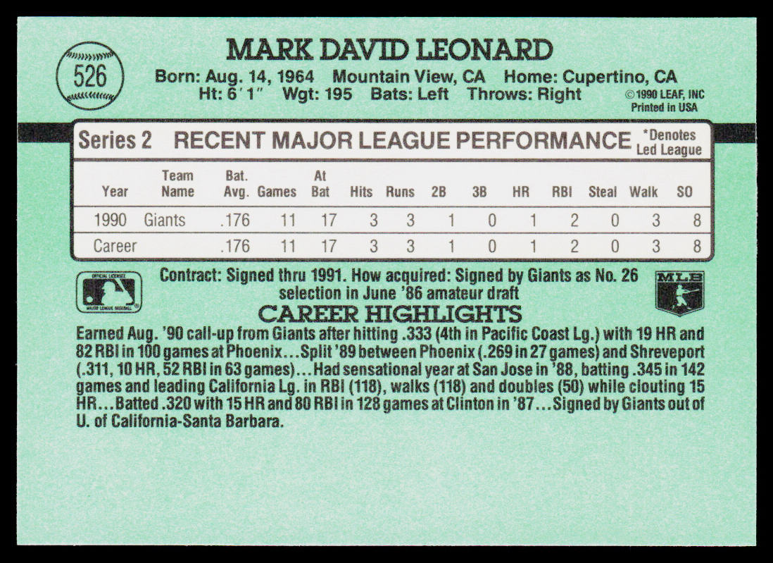 Mark Leonard 1991 Donruss #526 RC San Francisco Giants