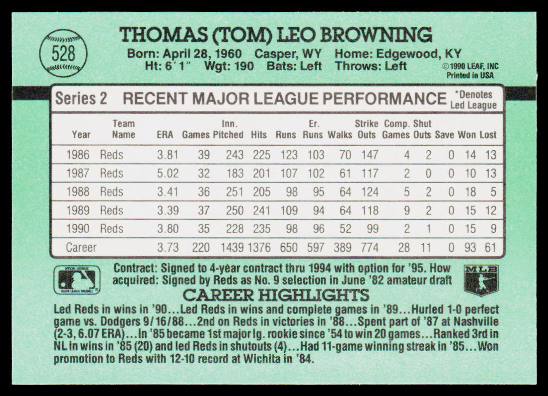 Tom Browning 1991 Donruss #528b Cincinnati Reds
