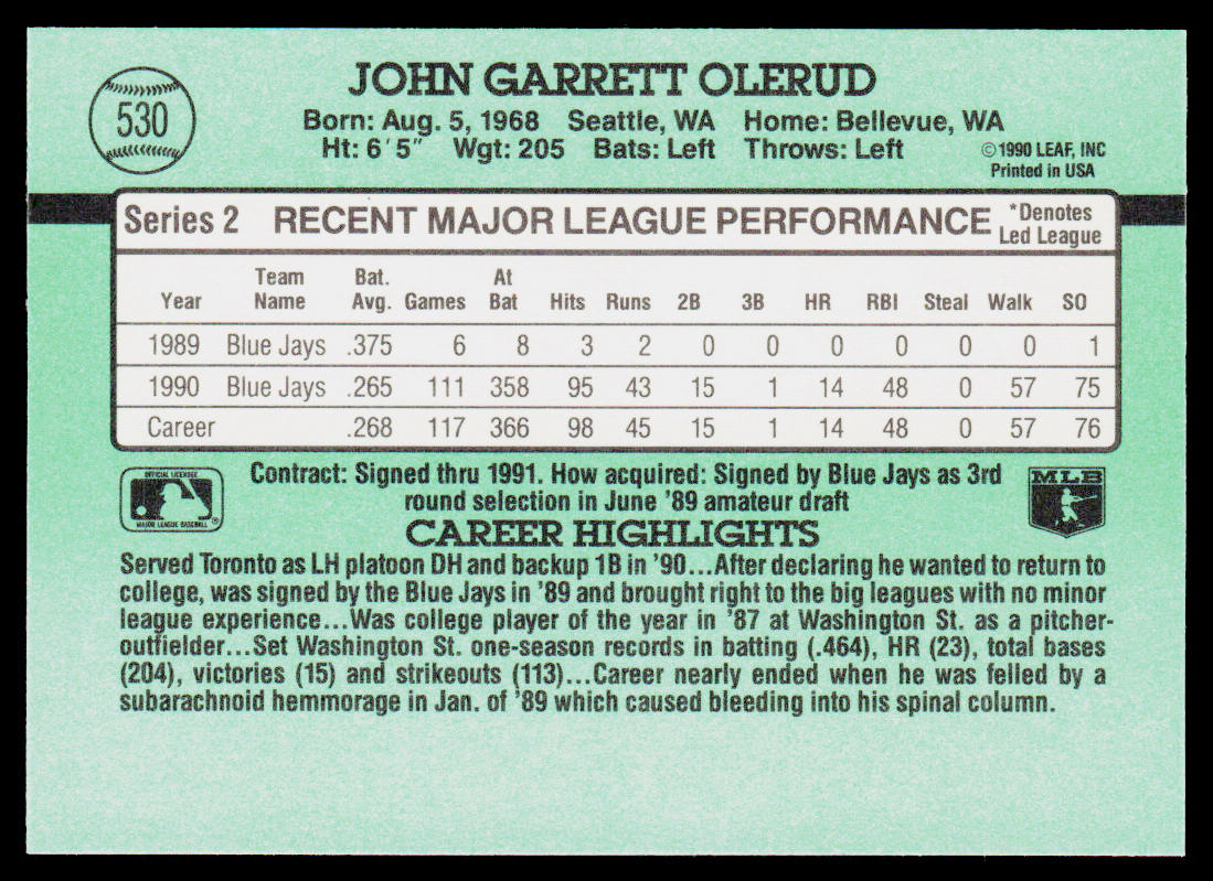 John Olerud 1991 Donruss #530 Toronto Blue Jays