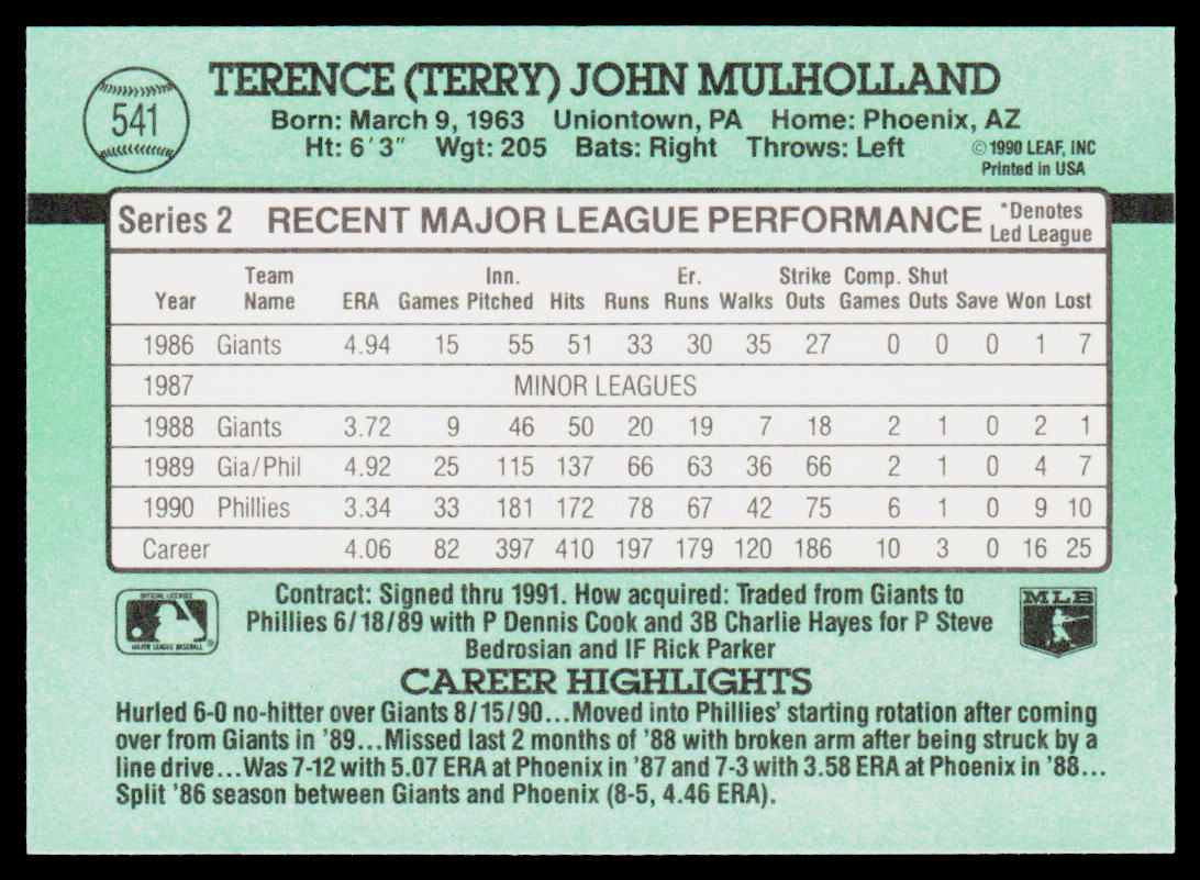 Terry Mulholland 1991 Donruss #541b Philadelphia Phillies