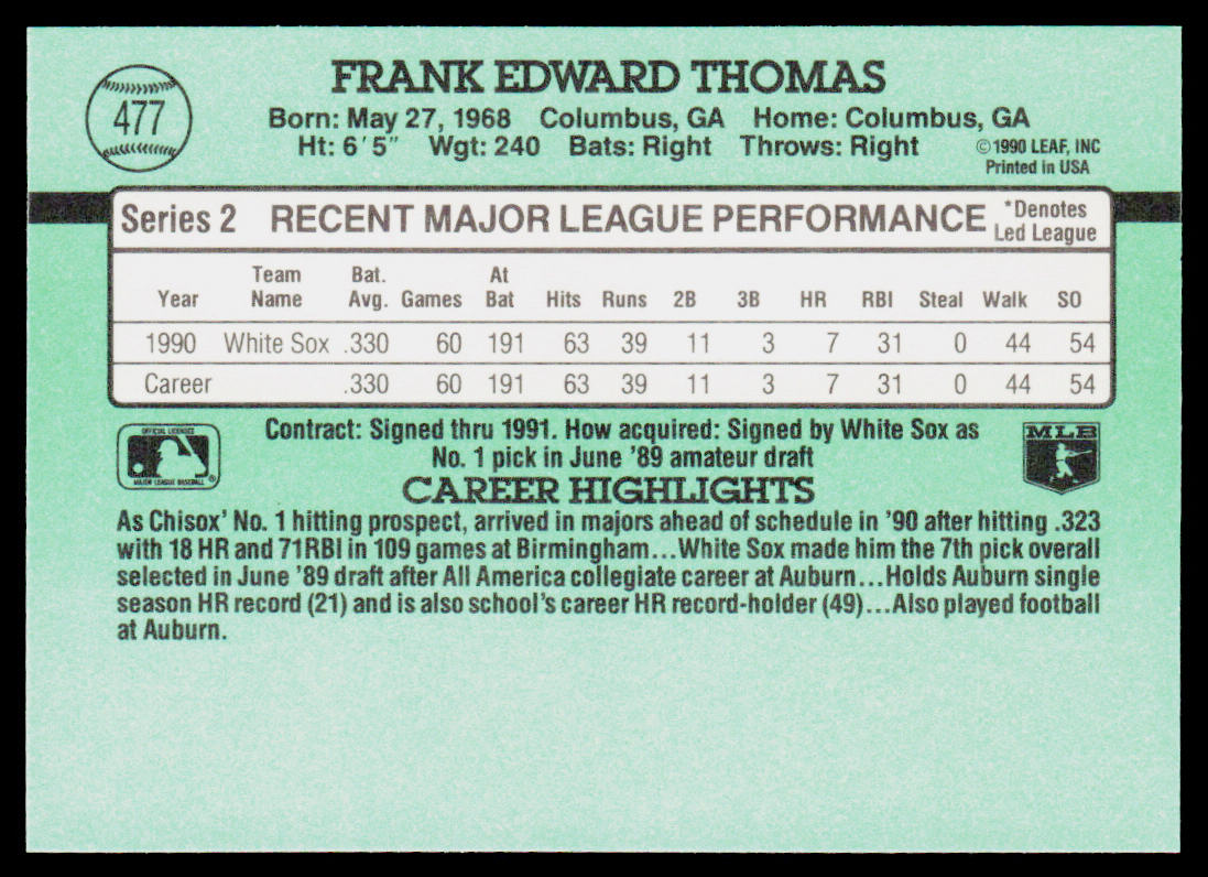 Frank Thomas 1991 Donruss #477c Chicago White Sox
