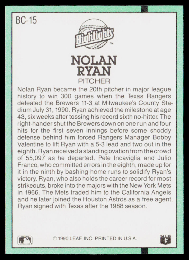 Nolan Ryan 1991 Donruss Bonus Cards #BC-15 Texas Rangers