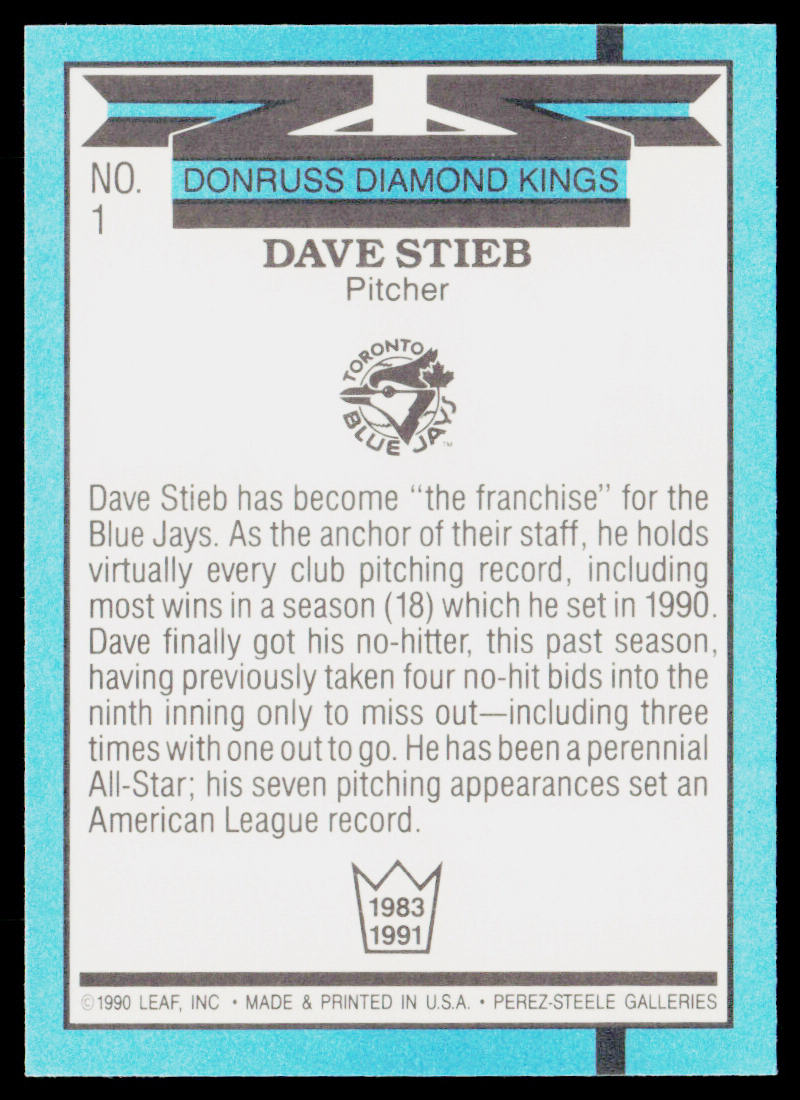 Dave Stieb 1991 Donruss #1c Toronto Blue Jays