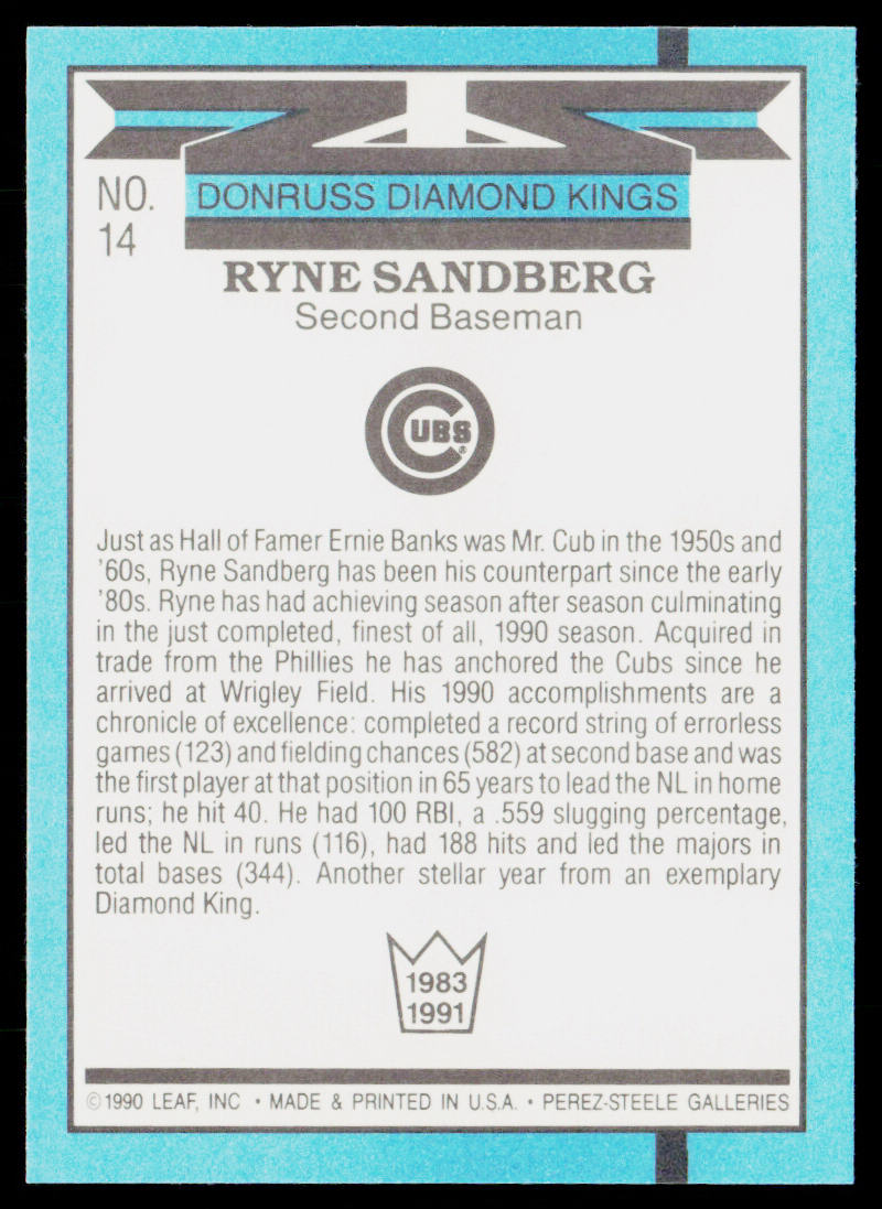 Ryne Sandberg 1991 Donruss #14 Chicago Cubs