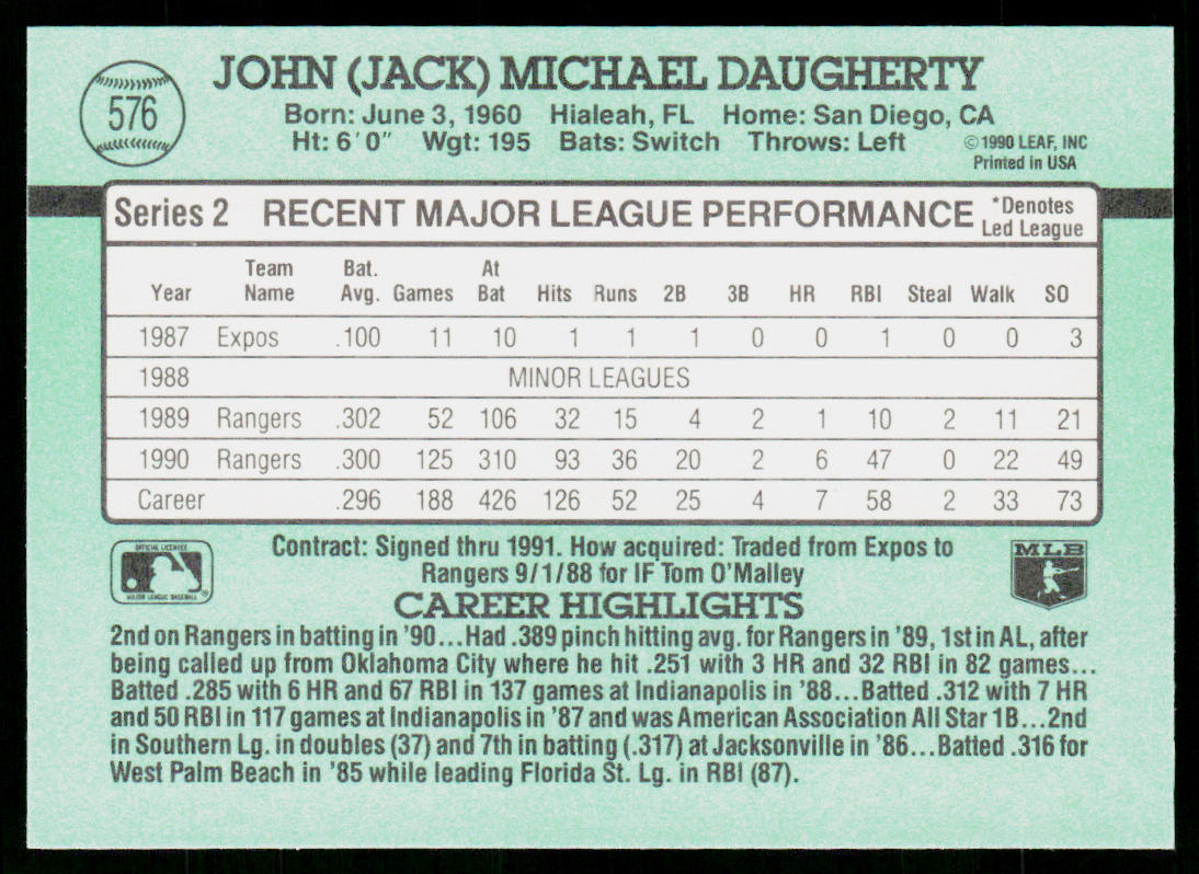 Jack Daugherty 1991 Donruss #576 Texas Rangers