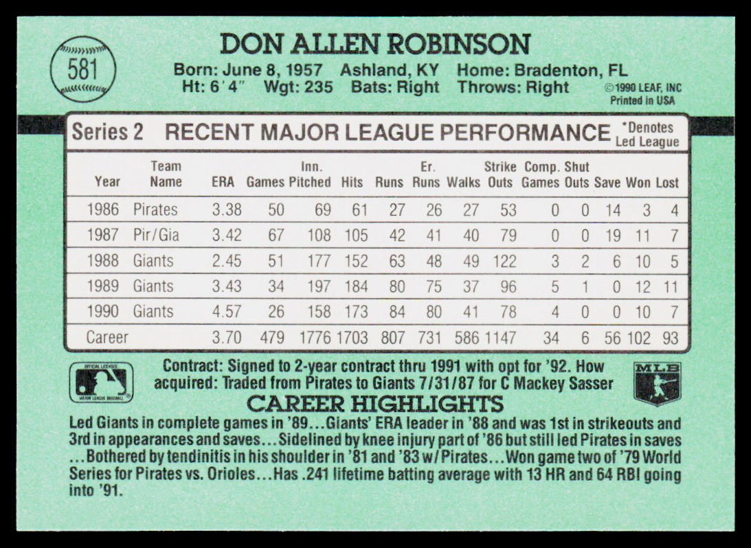 Don Robinson 1991 Donruss #581 San Francisco Giants