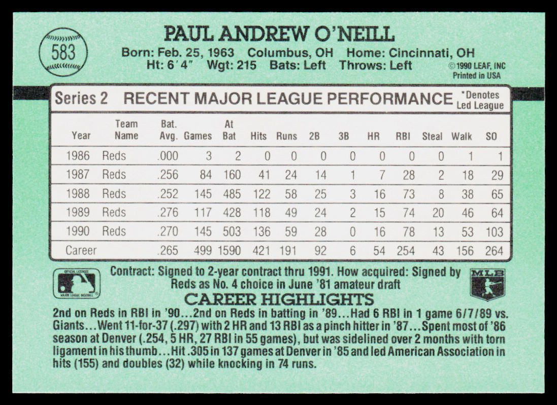 Paul O'Neill 1991 Donruss #583 Cincinnati Reds