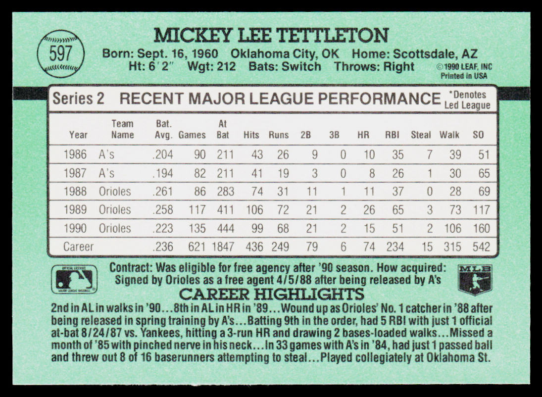 Mickey Tettleton 1991 Donruss #597 Baltimore Orioles