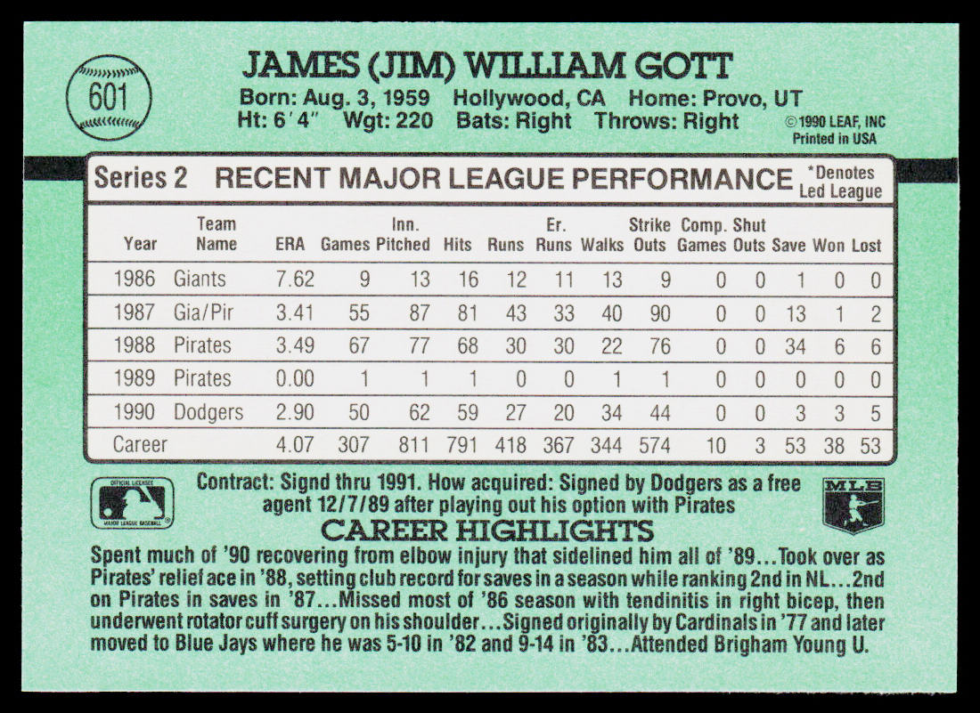 Jim Gott 1991 Donruss #601 Los Angeles Dodgers
