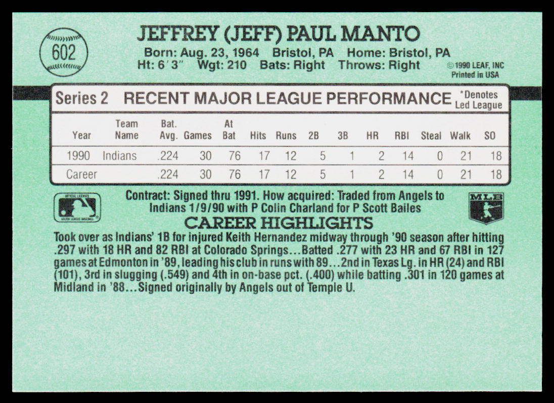 Jeff Manto 1991 Donruss #602 Cleveland Indians