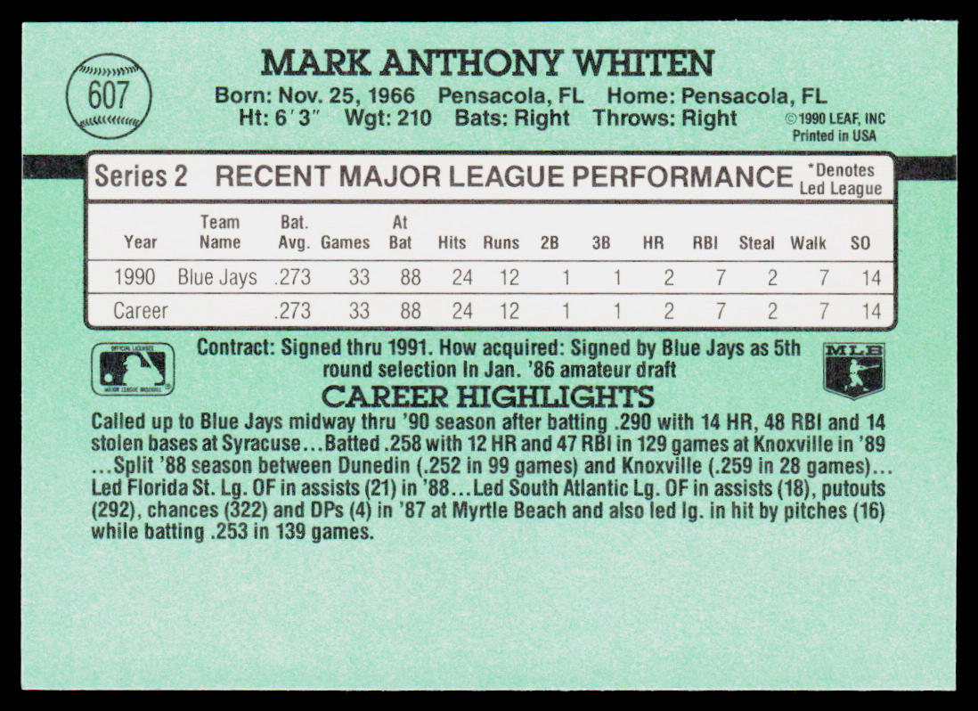 Mark Whiten 1991 Donruss #607 Toronto Blue Jays