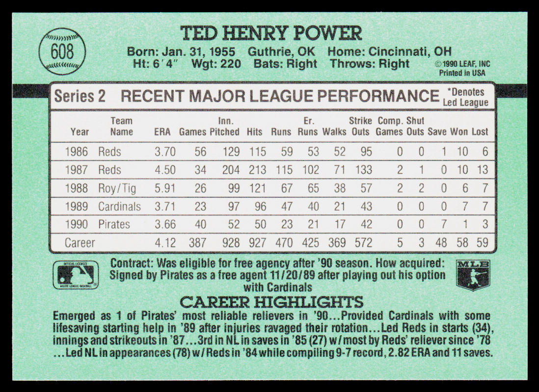 Ted Power 1991 Donruss #608 Pittsburgh Pirates