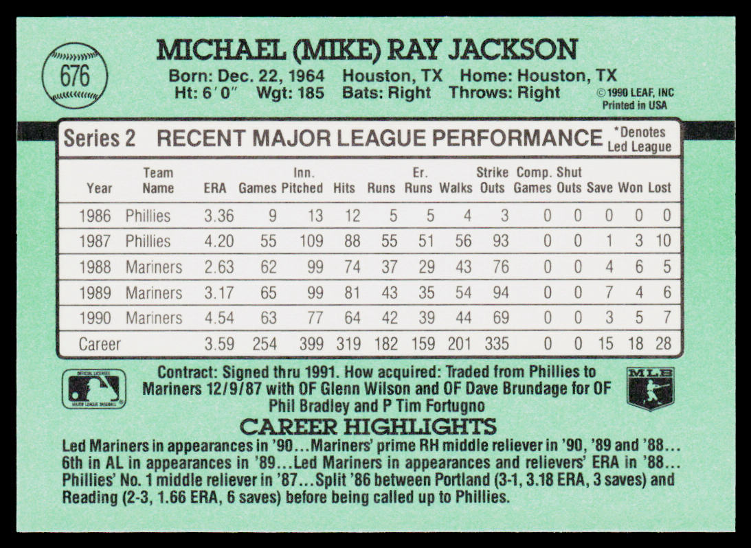 Mike Jackson 1991 Donruss #676 Seattle Mariners