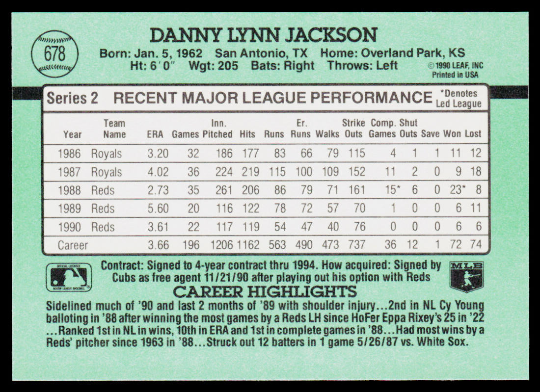 Danny Jackson 1991 Donruss #678 Chicago Cubs
