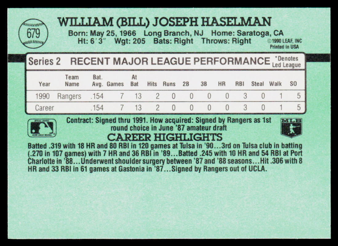 Bill Haselman 1991 Donruss #679b RC Texas Rangers