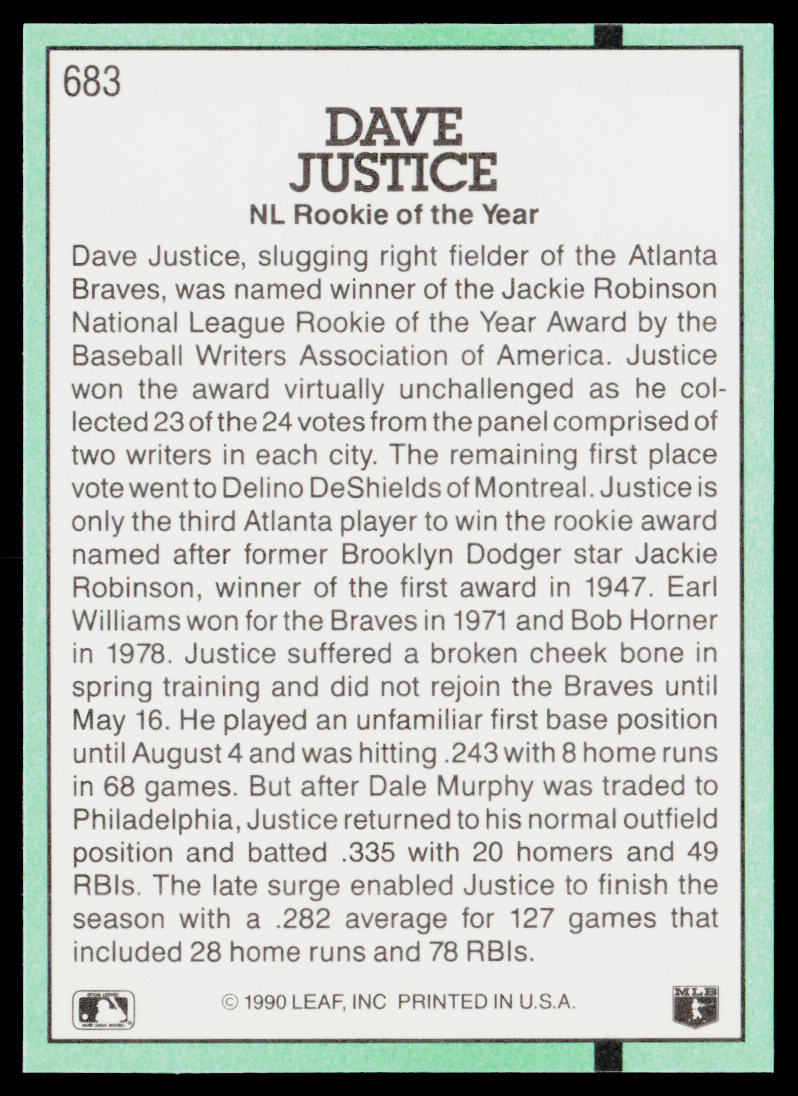 Dave Justice 1991 Donruss #683b Atlanta Braves