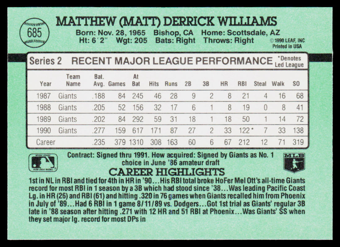 Matt Williams 1991 Donruss #685b ERR San Francisco Giants