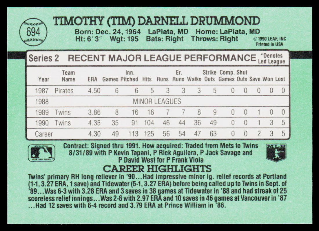 Tim Drummond 1991 Donruss #694 Minnesota Twins
