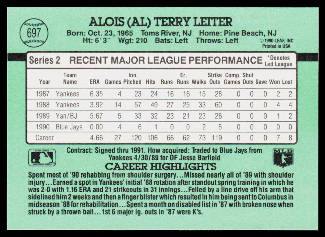 Al Leiter 1991 Donruss #697 Toronto Blue Jays