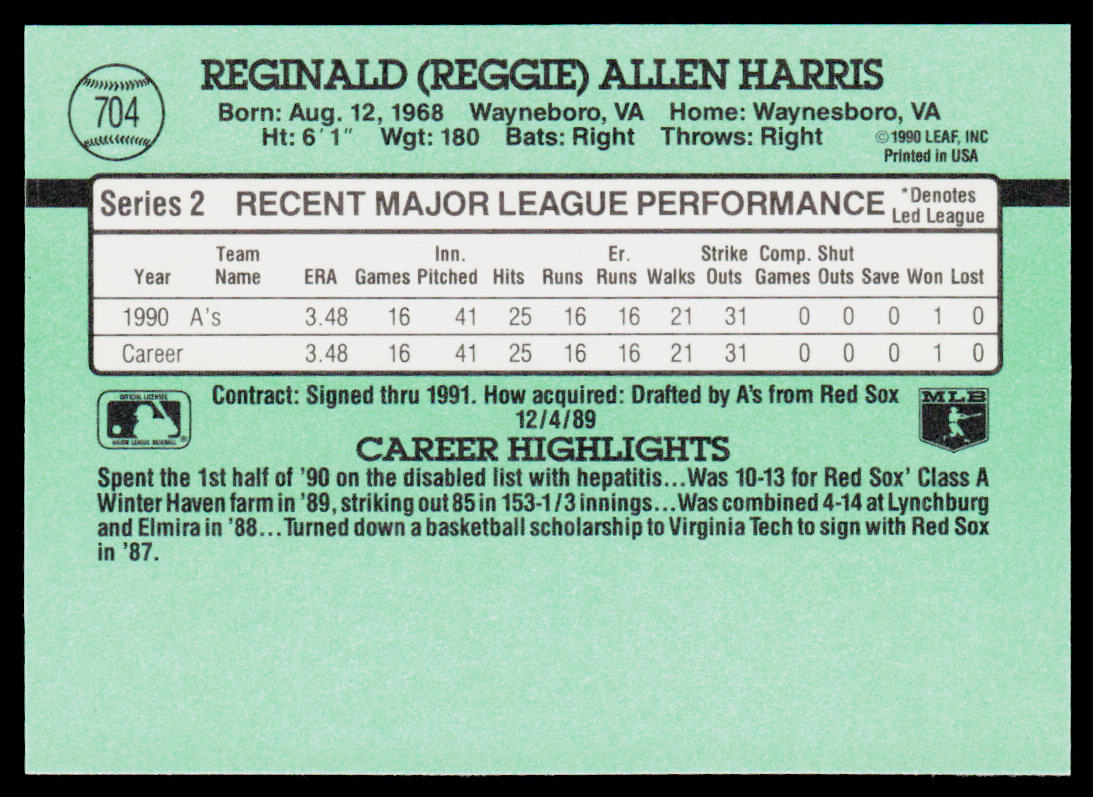 Reggie Harris 1991 Donruss #704 Oakland Athletics