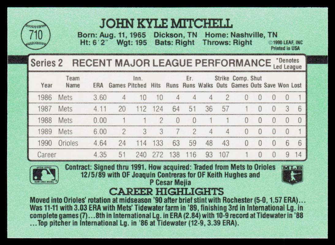 John Mitchell 1991 Donruss #710b Baltimore Orioles