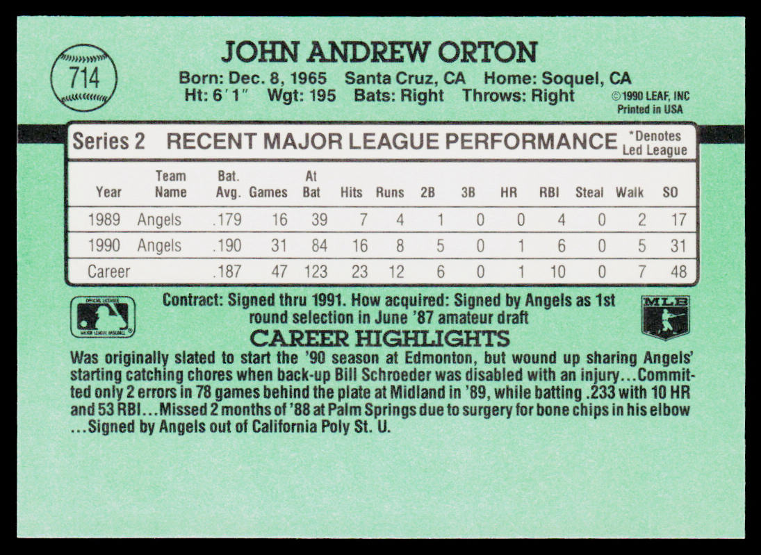 John Orton 1991 Donruss #714b California Angels